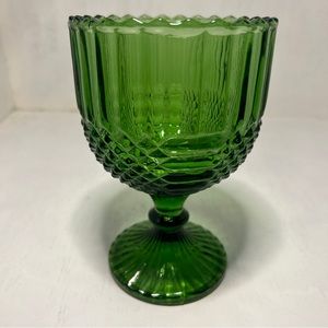 Vintage Indiana Glass Green Diamond Point Ribbed Pedestal Vase Goblet Dish 6”